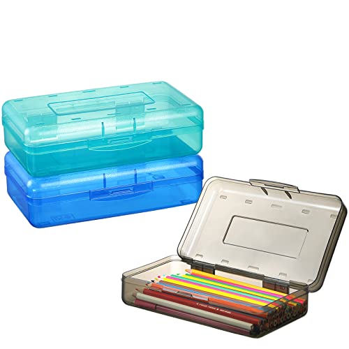 3 Pack Pencil Box, Sooez Pencil Box for Kids, Plastic School Supply Box, Large School Box, Hard Plastic Pencil Case Lid, Stackable Clear Supply Boxes