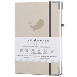 Live Whale Grey Accents Line. Undated Planner, 12 Month Full Focus Weekly Planner / Monthly Productivity Journal for Habit Tracking. Vegan-Friendly Moleskin Faux Leather Goal Planner (Linen/Grey)