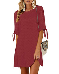 YOINS Summer Dresses for Women Half Sleeves T Shirts Solid Crew Neck Tunics Self-tie Blouses Mini Dresses Swiss Dot-Wine Red Small