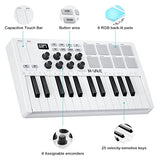 M-WAVE 25 Key USB MIDI Keyboard Controller With 8 Backlit Drum Pads, Bluetooth Semi Weighted Professional dynamic keybed 8 Knobs and Music Production,Software Included (White)