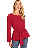 Romwe Women's Bow Self Tie Scalloped Cut Out Elegant Office Work Tunic Blouse Top Red X-Large