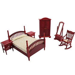 Hiawbon 1/12 Scale Mini Wooden Classical Bedroom Furniture Set -Miniature Bed & Dressing Table & Wardrobe & Rocking Chair for DIY Miniature House Decoration Birthday Gifts