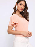 Romwe Women's Summer Ruffle Short Sleeve Slim Fit Casual Blouse Shirts Top Pink L