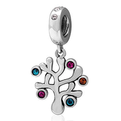 Family Tree Charm 925 Sterling Silver Love Pendant with Colorful Crystal Dangle Christmas Charm for