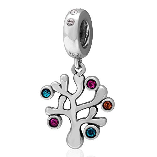 Family Tree Charm 925 Sterling Silver Love Pendant with Colorful Crystal Dangle Christmas Charm for