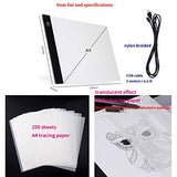 A4 Size Ultra-Thin Portable Tracer LED Artcraft Tracing Pad Light Box w Adjustable Dimmable Brightness Copy Board for Artists, Tattoo Drawing, Streaming, Sketching (LED pad a4 + a4 Paper 250pcs)