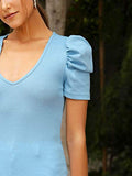 Romwe Women's Elegant Short Puff Sleeve Knit Summer V-Neck T-Shirt Tops Baby Blue Medium