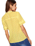 Romwe Women's Short Sleeve Stand Collar Button Embroidery Hollow Out Slim Blouse Top Yellow L