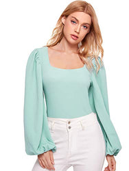 Romwe Women's Long Puff Sleeve Square Neck Slim Fit Crop Tops Blouse Sweatshirt New Green Medium