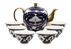 Royalty Porcelain 7-pc Mini Tea Cup Set, Cups and Teapot, Vintage Cobalt Blue Russian Pattern, Bone China Tableware