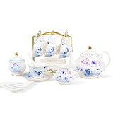 fanquare Floral Porcelain Tea Set, Elegant Blue Coffee Set, Modern Tea Service for 6, Tea Party Set for Birthday, Wedding