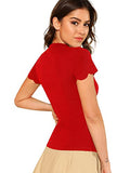 Romwe Women's Scalloped Cut Out V Neck Short Sleeve Sexy Tee Tops Red Medium