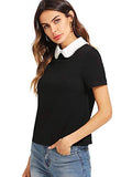 Romwe Women's Cute Contrast Collar Short Sleeve Casual Work Blouse Tops Beaded Black Medium