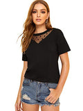 Romwe Women's Contrast Mesh Short Sleeve Summer Top T-Shirt Black US 8-10/Large