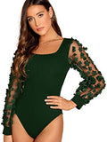 Romwe Women's Elegant Square Neck Floral Applique Mesh Sleeve Bodysuit Jumpsuit Green XS