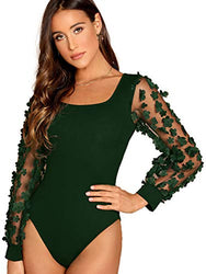 Romwe Women's Elegant Square Neck Floral Applique Mesh Sleeve Bodysuit Jumpsuit Green XS