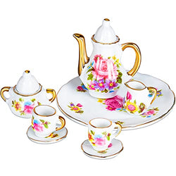 8 Pieces Miniature Porcelain Tea Cup Set Kitchen Miniature Porcelain Set Mini Flower Pattern Teapot Cup Plates Set Dollhouse Kitchen Accessories Set