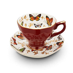 LURRIER Coffee Ｍug for Latte,Fine Bone China Tea Cup with Butterfly Pattern 8oz,Cup and Saucer Set for Cappuccino,Porcelain Coffee Cup for Home,Wedding,Mother's Day,Dishwasher Safe (Crimson Red)