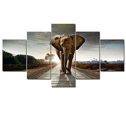 Wieco Art 5 Panels Elephant Pictures Paintings on Canvas Prints Wall Art for Living Room Bedroom Home Decorations Large Size Modern Stretched and Framed Giclee Canvas print Animals Landscape Artwork