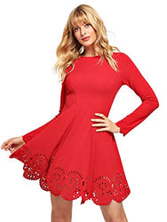 Romwe Women's Scalloped Hem Stretchy Knit Flared Skater A-Line Dress Red XL