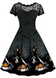 Halloween Women Vintage Lace Sleeve Midi Dress Swing Pumpkin Bat Party Costume Black XXL