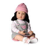 Adora Realistic Baby Doll Girl Power in Knit-Sleeved Shirt and Gray Over-All Dress with Pink Heart Embroidery