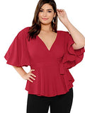 Romwe Women's Plus Size Short Sleeve Deep V Neck Self Belted Casual Peplum Wrap Blouse Red 2X Plus