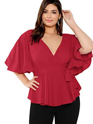 Romwe Women's Plus Size Short Sleeve Deep V Neck Self Belted Casual Peplum Wrap Blouse Red 2X Plus