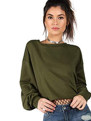 Romwe Women's Drop Shoulder Lantern Sleeve Pullover Sweatshirt Army Green M