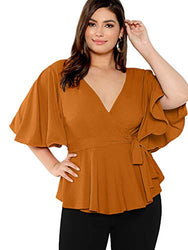 Romwe Women's Plus Size Short Sleeve Deep V Neck Self Belted Casual Peplum Wrap Blouse Orange 2XL