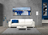 Pure Hand painted Abstract Canvas Wall Art Painting Picture Modern Textured Artwork with Huge Blue Color Sea and Sky Style for Home and Office Decoration Framed Ready to Hang 48x24inch