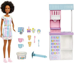 Barbie Ice Cream Shop Playset with 12-in Brunette Doll, Ice Cream Making Feature, 2 Dough Containers, 2 Bowls, 2 Cones, 3 Decorative Toppers, 2 Spoons & Register, for Ages 3 Years Old & Up