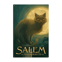 Lantern Press Salem, Massachusetts, Black Cat, Halloween Oil Painting 76933 (6 x 9 Wood Wall Sign, Wall Decor Ready to Hang)