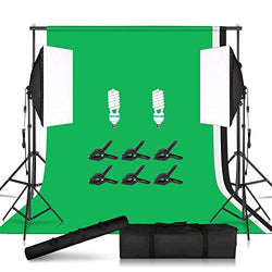 Walk Fly 7x10FT Muslin Backdrop Screen Kit, Photography Continuous Lighting and Collapsible Backdrop Stand Set, Background Support System with 20" x 27" Softbox Light for Photo Video Studio Shooting