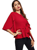 Romwe Women's Split Half Sleeve Zipper Belted Knot Drap Casual Blouse Top Red L