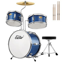 Eastar Kids Drum Set, 3 Piece 14'' Junior Kids Drum Kit for Beginners Students with Bass, Tom, Snare Drum, Drummer Throne, Cymbal, Pedal & 2 Pairs of Drumsticks for Teaching (Metallic Sea Blue)