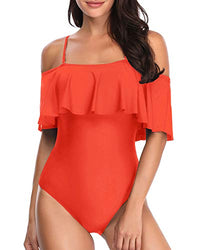 Tempt Me Women's Orange Off Shoulder One Piece Swimsuits Flounce Ruffle Bathing Suits L