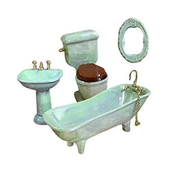 F Fityle Dollhouse Bathroom Furniture Set- 1:12 Scale Ceramic Bathroom Set with Dollhouse Toilet, Dollhouse Mirror, Dollhouse Sink and Dollhouse Bathtub - Light Green