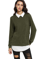 Romwe Women's Classic Collar Long Sleeve Curved Hem Pullover Sweatshirt Green XL