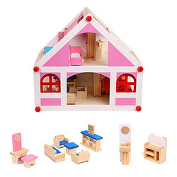 TOYROOM Wooden Dollhouse Pink Doll Playhouse Cottage Set Wood Pretend Play 2-Story Playset with 35 PCS 1:12 Scale Furniture Accessories Doll Home for Kids Toddlers Girls (Pink)