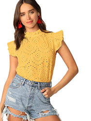 Romwe Women's Sleeveless Stand Collar Embroidery Ruffle Button Slim Fit Summer Blouse Top Yellow L