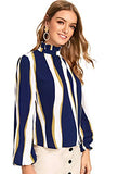 Romwe Women's Elegant Printed Stand Collar Long Sleeve Workwear Blouse Top Shirts Blue Vertical Stripe M