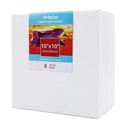 Artecho 10"x10" Stretched Canvas, White Blank 8 Pack, Primed 100% Cotton, for Painting, Acrylic Pouring, Oil Paint & Artist Media
