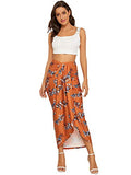 SheIn Women's Floral Slit Wrap Asymmetrical Elastic High Waist Maxi Draped Skirt Orange Floral Small