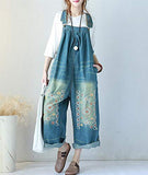 YESNO P91 Women Strap Rompers Jumpsuits Denim Casual Bib Pants Embroidery Distressed Boyfriend Wide Leg (L, P91Typ1 Blue)