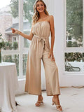 Miessial Women's Strapless Wide Leg Jumpsuits Solid Color Belted Casual Long Jumpsuits Rompers Beige 4-6