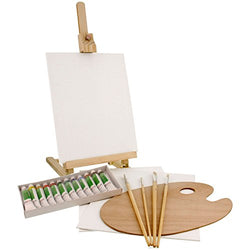US Art Supply 21-Piece Wood Studio Table Easel & Paint Box Set with 12 Paint Colors, Canvas Panels,