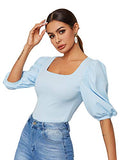 Romwe Women's Casual Puff Sleeve Square Neck Slim Fit Crop Tee Tops Blouse Blue Large