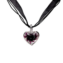 SCASTOE Fashion Murano Glass Pendant Necklace Purple Heart Flowers Ribbon Pendant