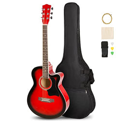 ALIMORDEN 39 Inch 6 Strings Basswood Cutaway Acoustic Matte Guitar Beginner Pack, Handcrafted Guitar Student Kit with Gig Bag, Extra Strings, Strap, Picks, Glossy Red